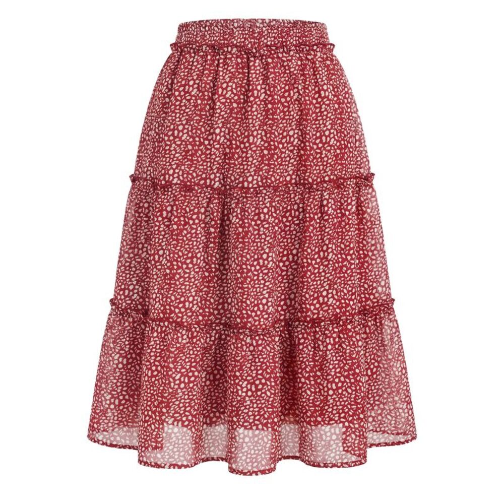 Womens Printed Chiffon Skirt Flowy A-Line Tiered Boho Summer Skirt Wine Red
